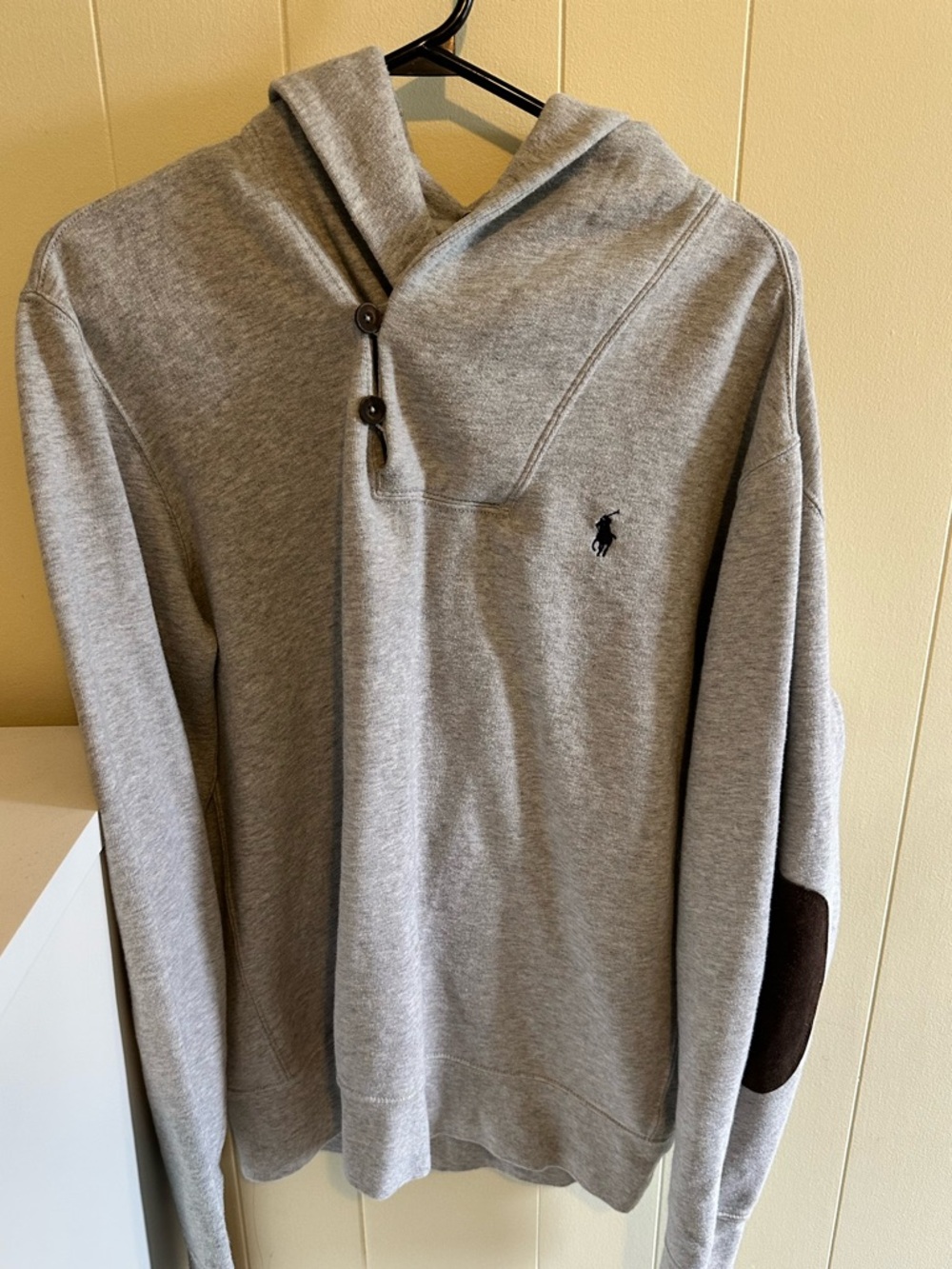 Ralph Lauren Light Gray Hooded Pullover Sweater with Dark Brown Elbow Patches